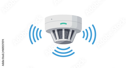 Smart wireless smoke detector with alarm waves on white background