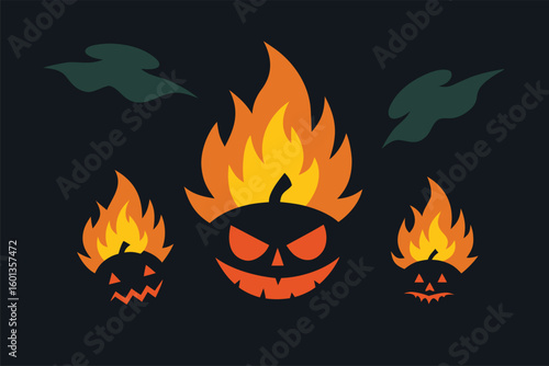 jack o  lanterns around a bonfire with spooky shad