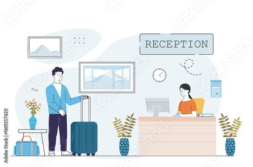 Hotel reception check-in scene vector. Vector illustration