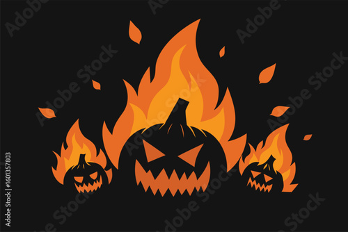 jack o  lanterns around a bonfire with spooky shad