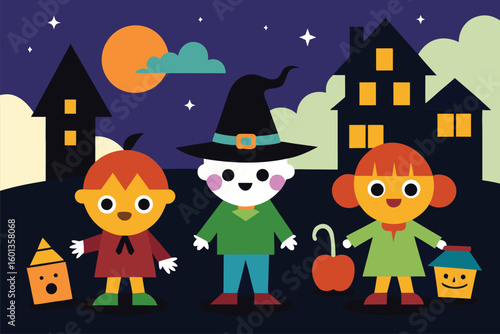 kids trick or treating in costumes through a spook