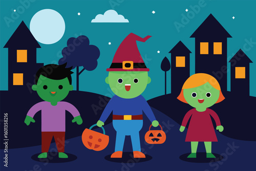 kids trick or treating in costumes through a spook