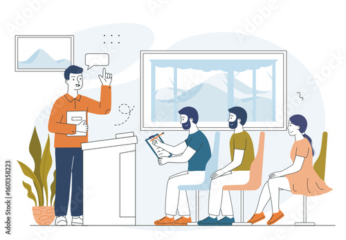 Classroom lecture with attentive students. Vector illustration