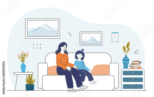 Mother comforting child on sofa at home. Vector illustration