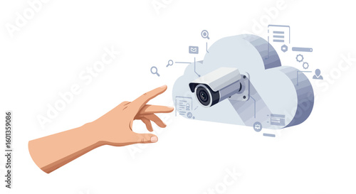 Hand reaches towards cloud security camera in digital surveillance concept