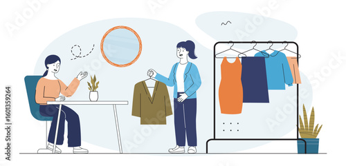 Fashion consulting in modern boutique. Vector illustration