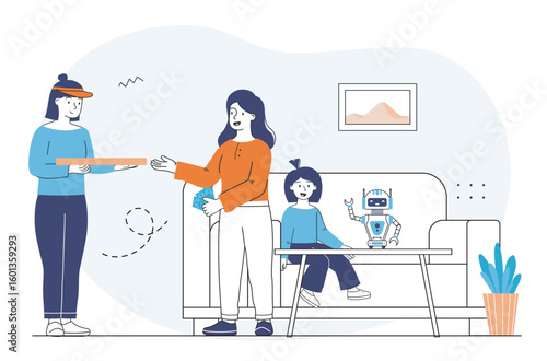 Family receiving pizza delivery at home. Vector illustration