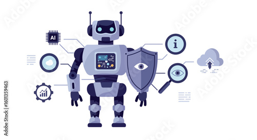 Futuristic security robot with icons on white background