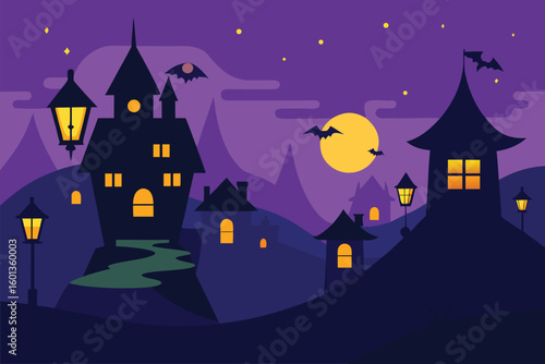 old halloween village with lanterns and flying wit