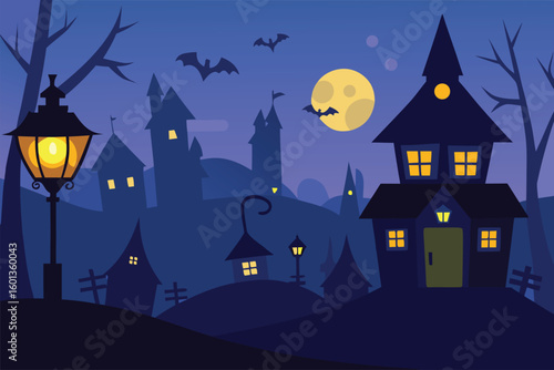 old halloween village with lanterns and flying wit