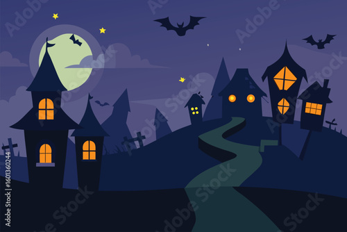 old halloween village with lanterns and flying wit