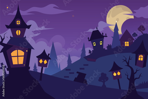 old halloween village with lanterns and flying wit