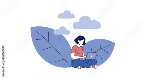 Flat cartoon woman with laptop sitting on leaf background in nature