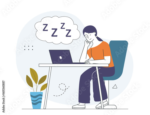 Tired woman sleeping at work desk. Vector illustration