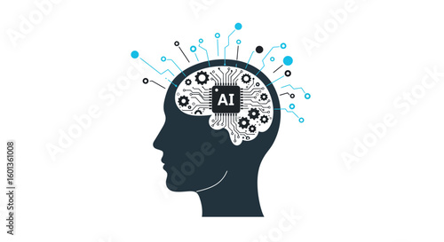 Silhouette human head with ai brain circuitry and blue elements