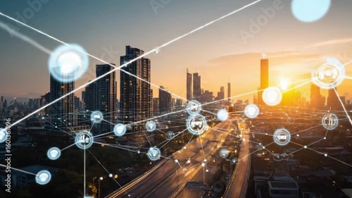 Cityscape with futuristic data network overlays against a warm sunset background