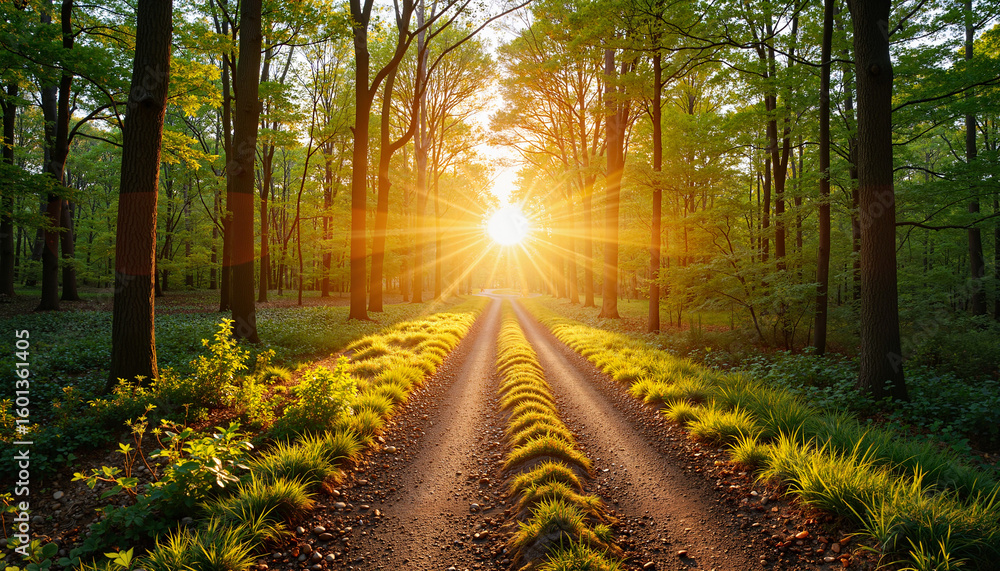 Fototapeta premium Scenic forest path illuminated by sunrise, journey to recovery