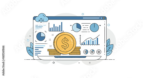 Financial dashboard with coin and graph elements in flat design