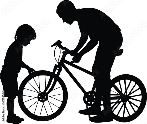 Dad Fixing Bicycle With Child Watching Silhouette | Father Repairing Bike With Curious Child