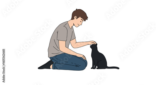 Young man petting black cat in minimalist style