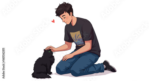Man cuddling a cat with love heart: casual style and warm connection