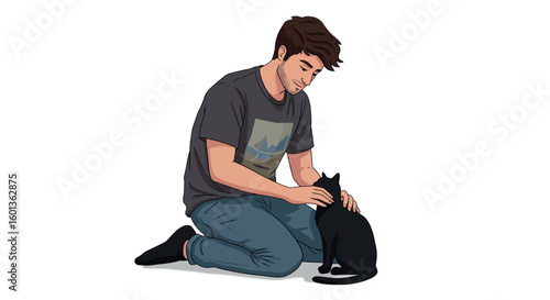 Warm bond: young man caring for black cat in casual setting