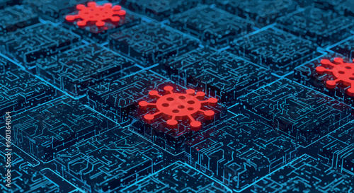 Futuristic digital circuit with red virus symbol on dark grid