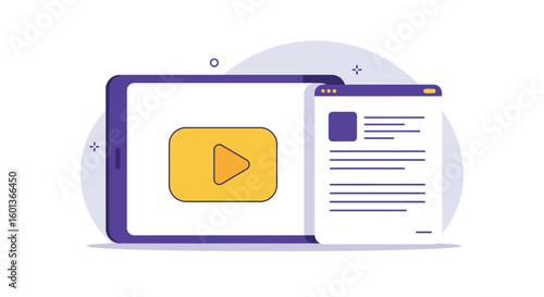 Flat design media content interface with tablet and document mockup