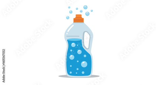 Plastic bottle with liquid detergent and bubbles on white background