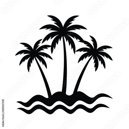 Tropical island palm trees silhouette on waves