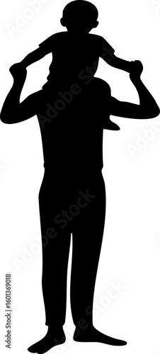 Father and Child Silhouette: A heartwarming silhouette captures a father carrying his child on his shoulders, a tender moment of love, protection, and shared joy.