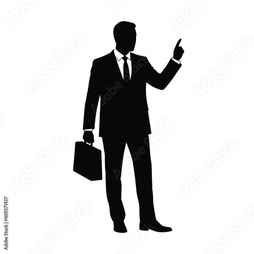 Silhouette of businessman pointing upwards with briefcase symbolizes leadership success and opportunity business professional aiming high
