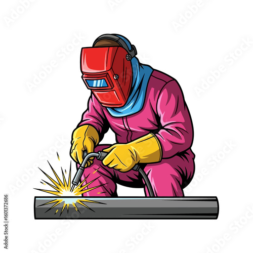 Cartoon illustration of a welder in protective gear, kneeling and welding a metal pipe with bright sparks flying.