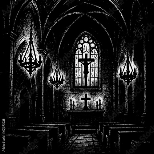 Dark gothic church interior with stained glass and candles , halloween concept