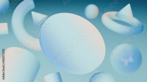 Abstract 3D Pastel blue and white geometric shapes floating. Gradient abstract 3D seamless loop - motion background for creative video project.