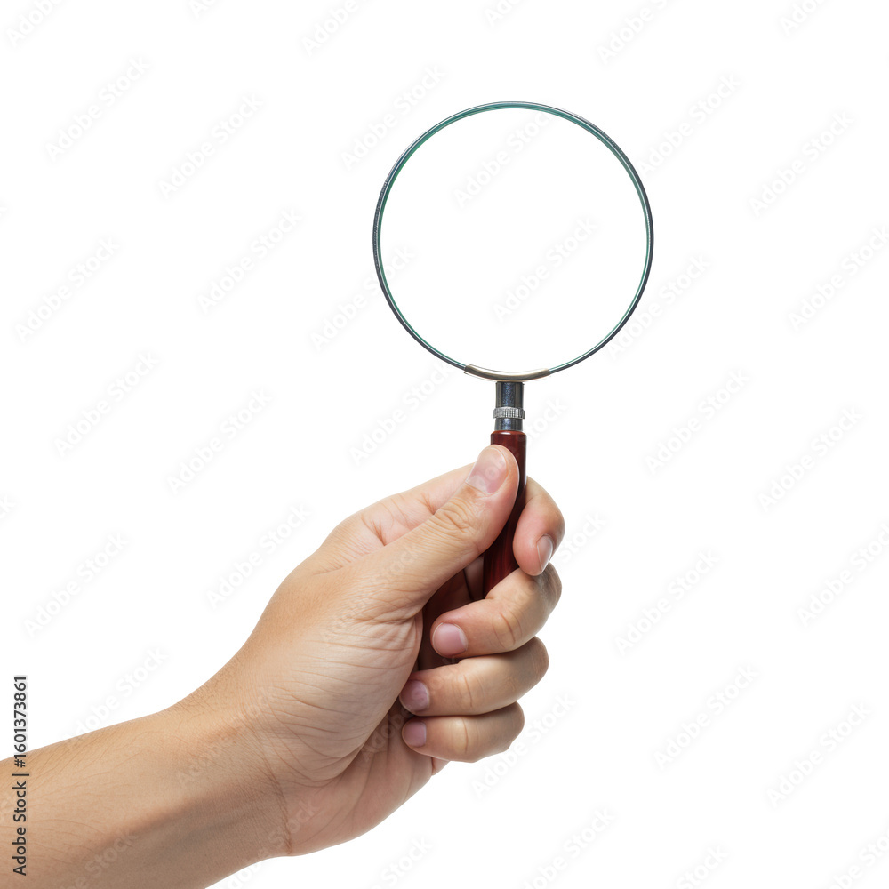 A gender-neutral adult hand with neutral skin tone holds a classic circular magnifying glass with a clear lens and metallic frame, against an infinity white studio background with copy space, perfect A gender-neutral adult hand with neutral skin tone holds a classic circular magnifying glass with a clear lens and metallic frame, against an infinity white studio background with copy space, perfect