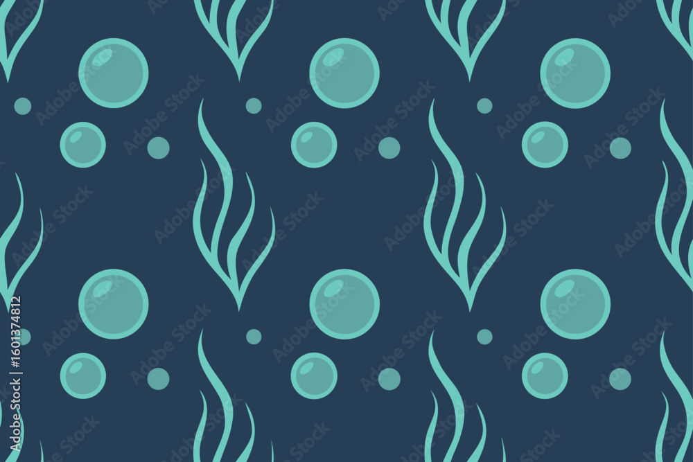 Naklejka premium Teal seaweed and bubbles pattern underwater ocean