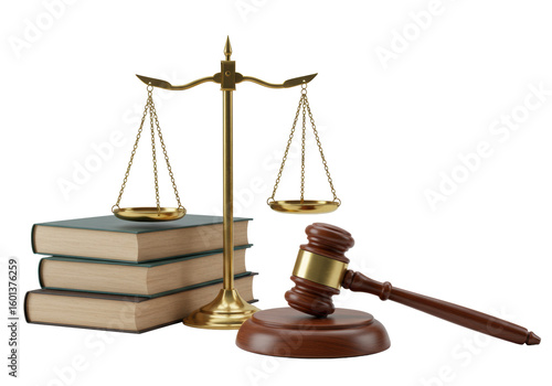 Meticulously crafted brass scale of justice, four leather-bound legal books (mahogany, forest green, deep blue), dark polished wooden gavel on sound block, on a transparent studio background with
