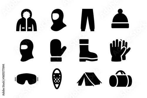 Silhouette icons of winter camping gear essentials for outdoor adventure