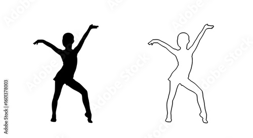 stylized black and white dancing figures, minimalist, elegant, dynamic poses, high contrast, abstract art
