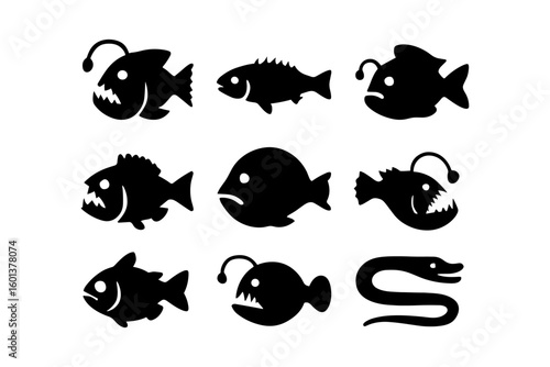 Silhouette collection of deep sea and angler fish in minimalist style