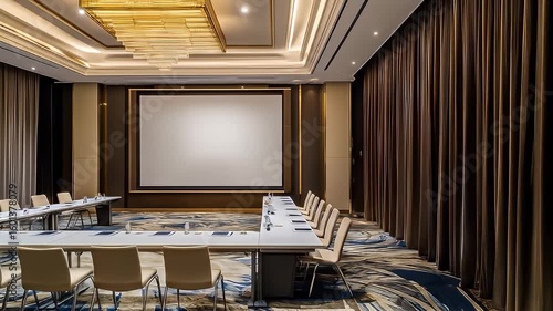 Conference room featuring a large screen, U-shaped table, and luxurious decor