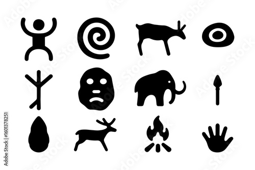 Prehistoric icons collection featuring cave art and ancient symbols in black silhouette style