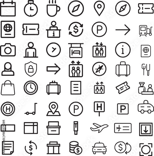 Collection of hand drawn travel and business icons for navigation and information