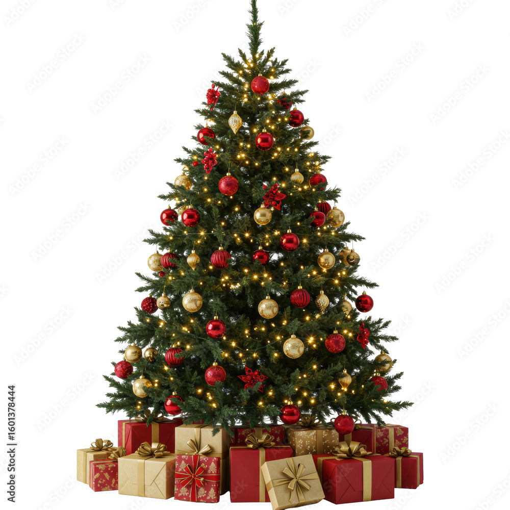 A majestic Christmas tree adorned with shimmering red and gold baubles, delicate warm white LED lights, and numerous gift-wrapped presents clustered at its base, isolated on a pristine transparent A majestic Christmas tree adorned with shimmering red and gold baubles, delicate warm white LED lights, and numerous gift-wrapped presents clustered at its base, isolated on a pristine transparent