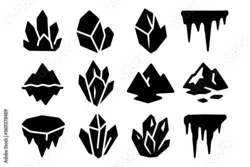 Collection of black geometric crystal and mountain silhouettes