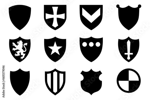 Collection of classic heraldic shield icons in crisp silhouettes