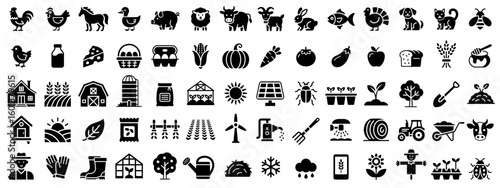 Agricultural vector icons including farm animals, crops, tools, buildings, and equipment for farming, food production, environment, and rural life themes