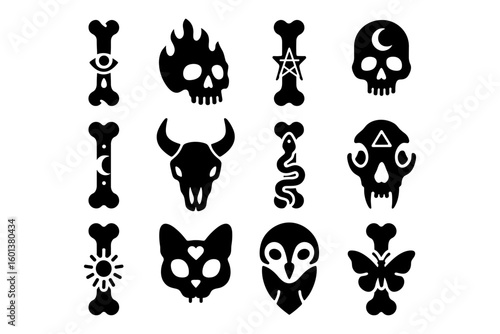 Spooky skull and bone icons collection in bold silhouette style