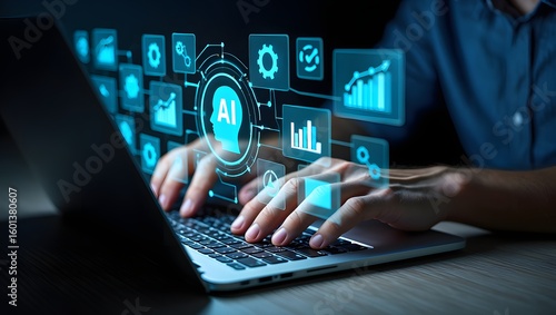 AI agent and intelligent automation IA technology. Business process automation BPA system. Businessman using laptop computer to give instructions to AI at desk in office.